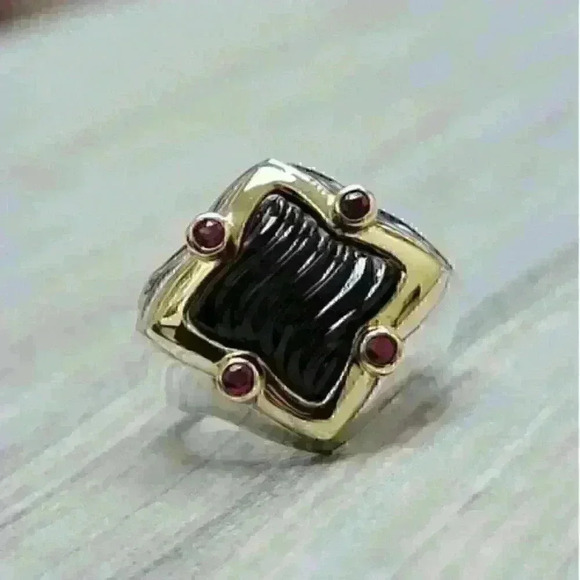 David Yurman Quatrefoil 18K Gold Sterling Silver Onyx Pink Tourmaline Ring SZ 6 - Picture 6 of 11